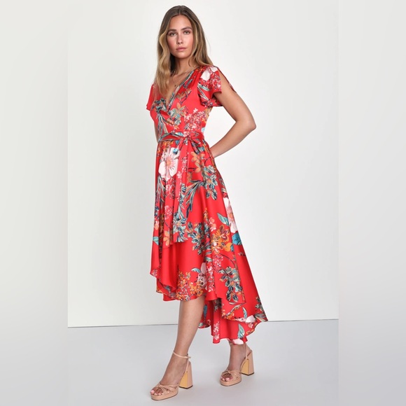 NWT - Lulu’s red floral high-low faux wrap dress - size large - Picture 2 of 13